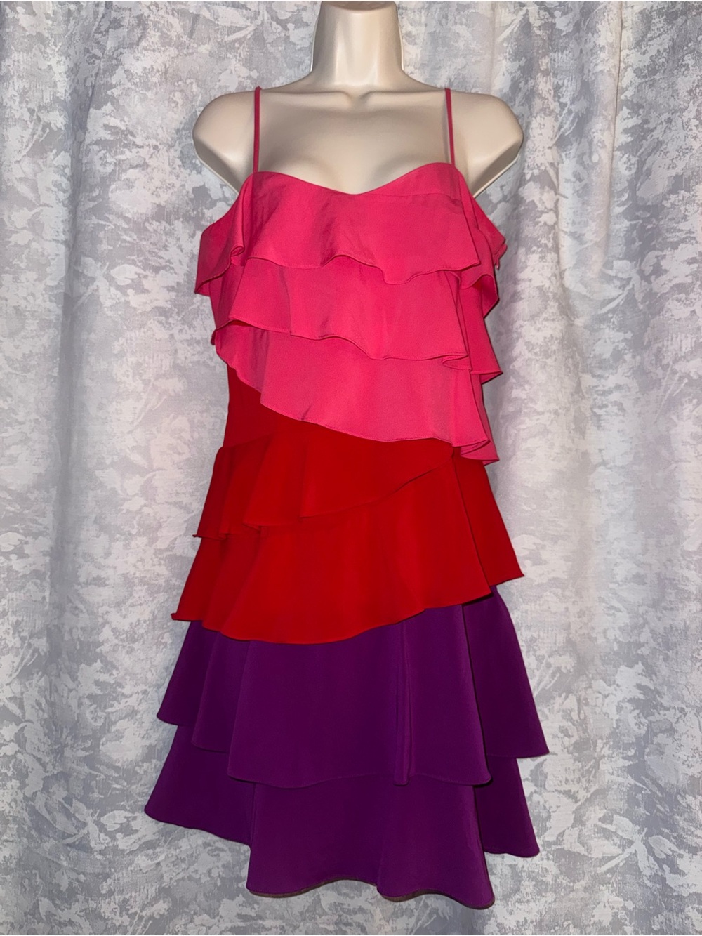 Calvin Klein Tiered Ruffle Spaghetti Strap Dress - Pink, Red & Purple